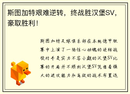 斯图加特艰难逆转，终战胜汉堡SV，豪取胜利！